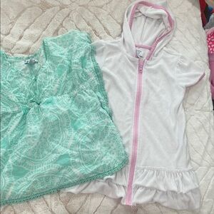 White Hooded Cover-Up with Pink Trim and Green Patterned Top